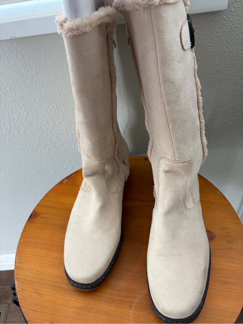 Franco Sarto Cream Suede Tall Faux-Fur Trim Boots